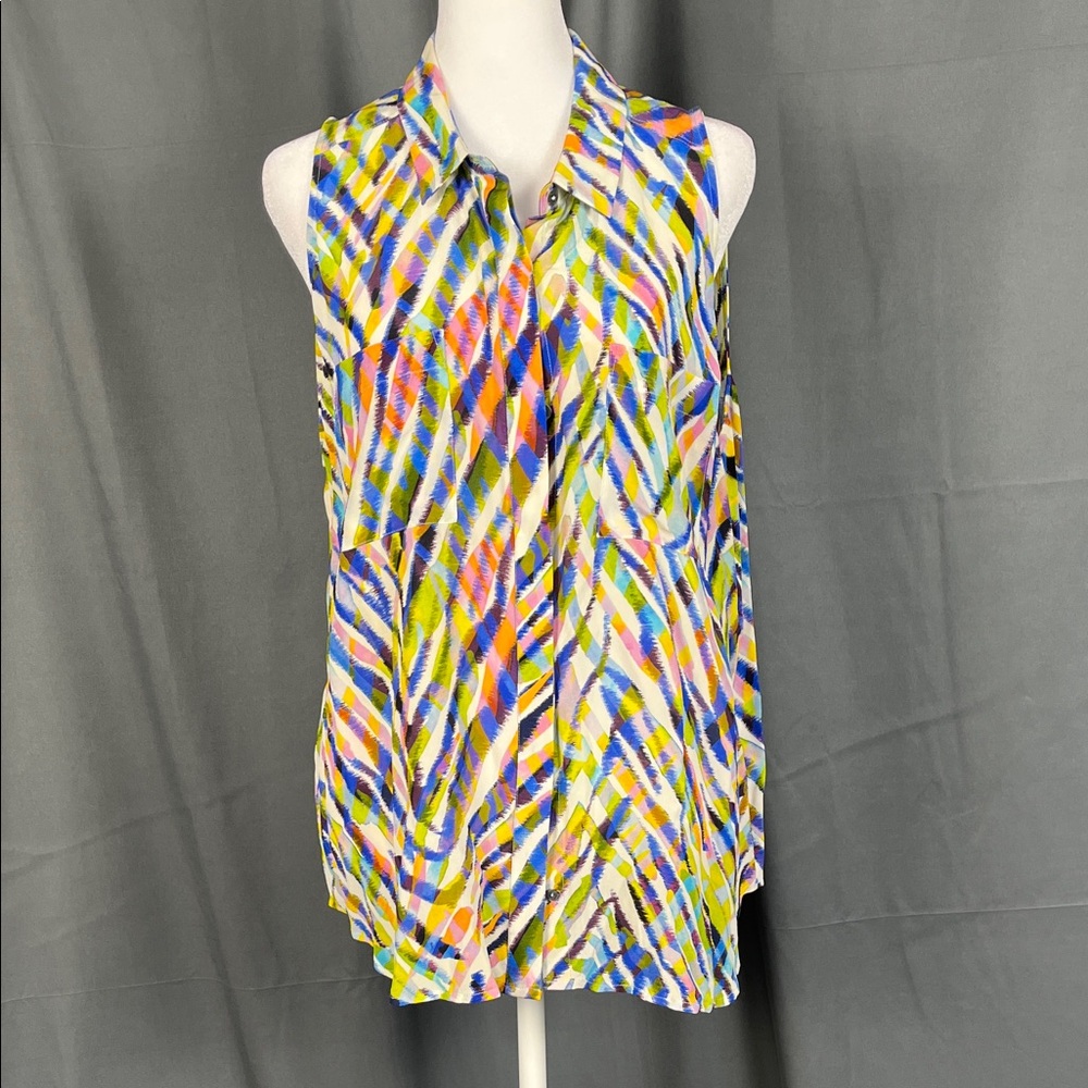 Trina Turk Vibrant Geometric Sleeveless Blouse 100% Silk